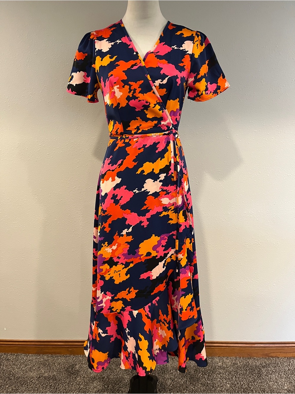 Navy Multi-Color short sleeves Wrap Midi Dress size‎ extra small